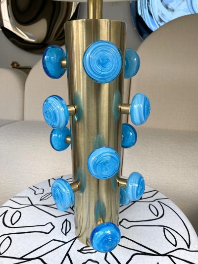 Contemporary Pair of Brass and Blue Murano Glass Spiral Lamps Italy