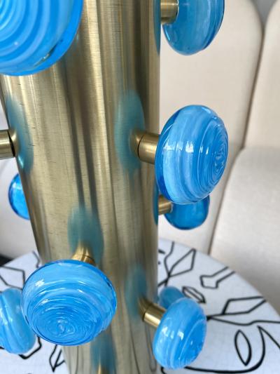 Contemporary Pair of Brass and Blue Murano Glass Spiral Lamps Italy