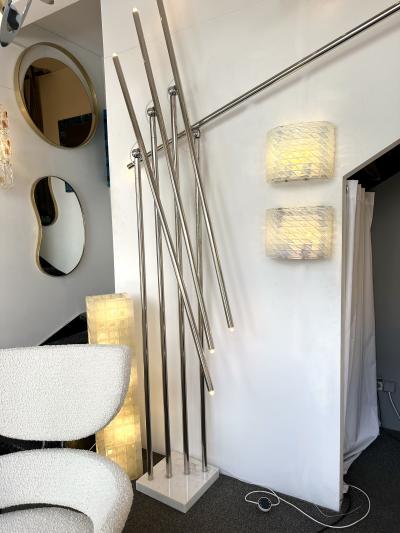 Contemporary Pair of Brass and Blue Opal Murano Glass Sconces Italy