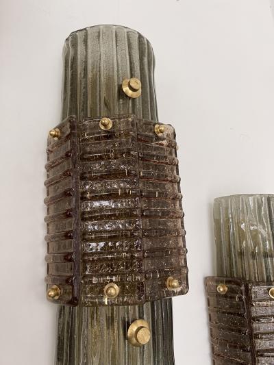 Contemporary Pair of Brass and Cola Gold Leaf Murano Glass Sconces Italy