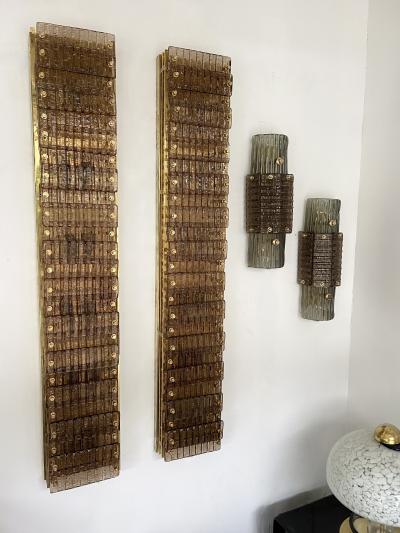Contemporary Pair of Brass and Cola Gold Leaf Murano Glass Sconces Italy