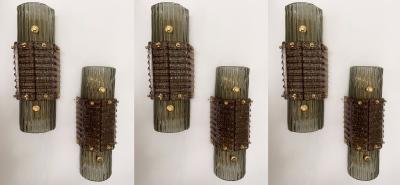 Contemporary Pair of Brass and Cola Gold Leaf Murano Glass Sconces Italy
