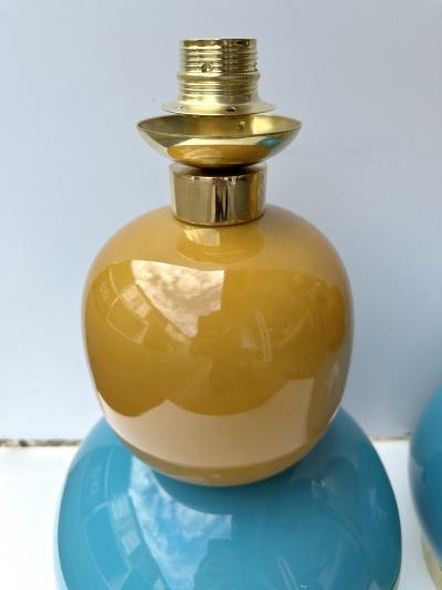 Contemporary Pair of Brass and Colored Bulb Murano Glass Lamps Italy
