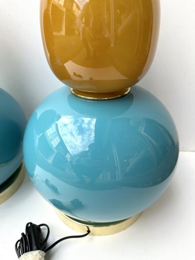 Contemporary Pair of Brass and Colored Bulb Murano Glass Lamps Italy