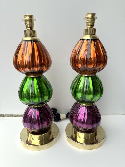Contemporary Pair of Brass and Colored Mirrored Murano Glass Lamps Italy