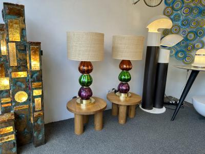 Contemporary Pair of Brass and Colored Mirrored Murano Glass Lamps Italy