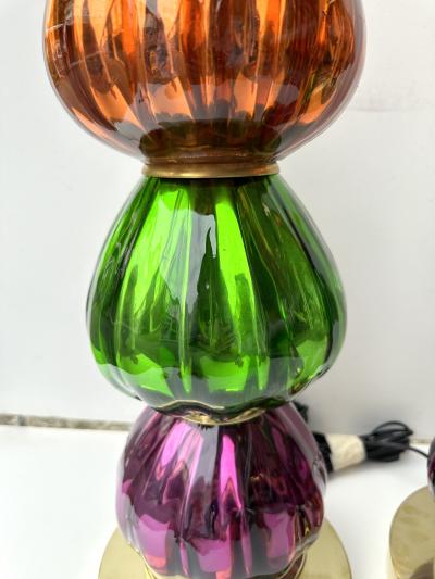 Contemporary Pair of Brass and Colored Mirrored Murano Glass Lamps Italy