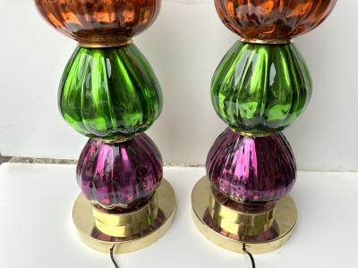 Contemporary Pair of Brass and Colored Mirrored Murano Glass Lamps Italy