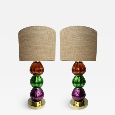 Contemporary Pair of Brass and Colored Mirrored Murano Glass Lamps Italy