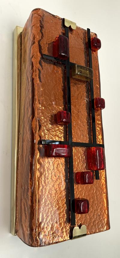 Contemporary Pair of Brass and Coral Murano Glass Sconces Italy