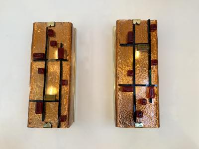 Contemporary Pair of Brass and Coral Murano Glass Sconces Italy