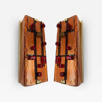 Contemporary Pair of Brass and Coral Murano Glass Sconces Italy