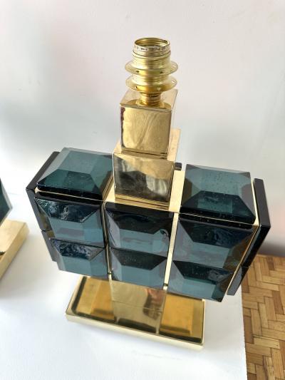 Contemporary Pair of Brass and Diamonds Murano Glass Lamps Italy