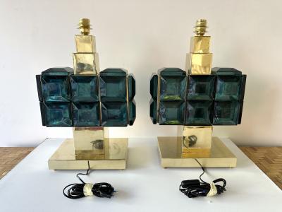 Contemporary Pair of Brass and Diamonds Murano Glass Lamps Italy