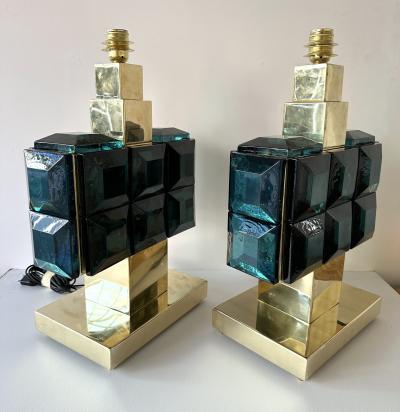 Contemporary Pair of Brass and Diamonds Murano Glass Lamps Italy
