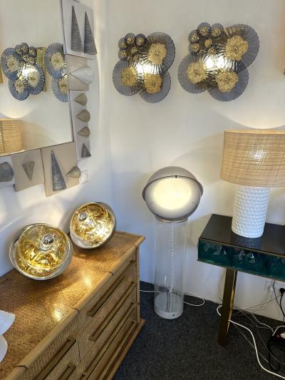 Contemporary Pair of Brass and Gold Bubble Murano Glass Disc Sconces Italy