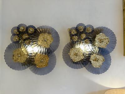 Contemporary Pair of Brass and Gold Bubble Murano Glass Disc Sconces Italy