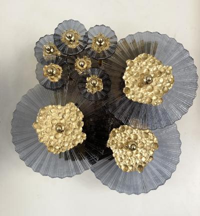 Contemporary Pair of Brass and Gold Bubble Murano Glass Disc Sconces Italy
