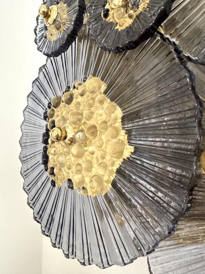 Contemporary Pair of Brass and Gold Bubble Murano Glass Disc Sconces Italy