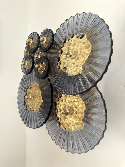 Contemporary Pair of Brass and Gold Bubble Murano Glass Disc Sconces Italy