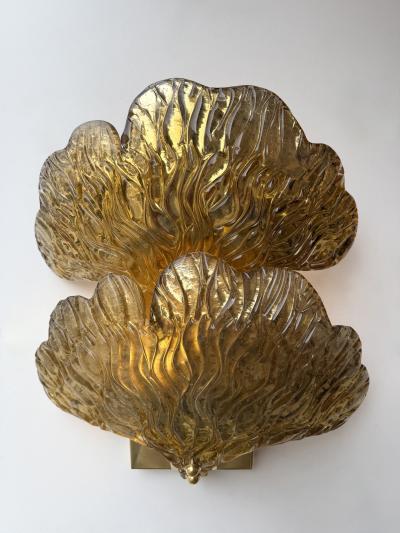 Contemporary Pair of Brass and Gold Murano Glass Palm Sconces Italy