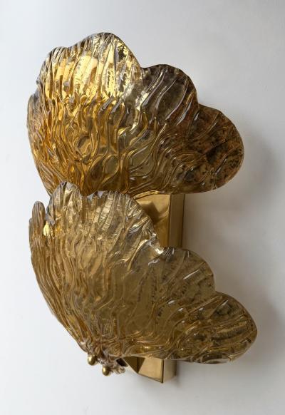 Contemporary Pair of Brass and Gold Murano Glass Palm Sconces Italy