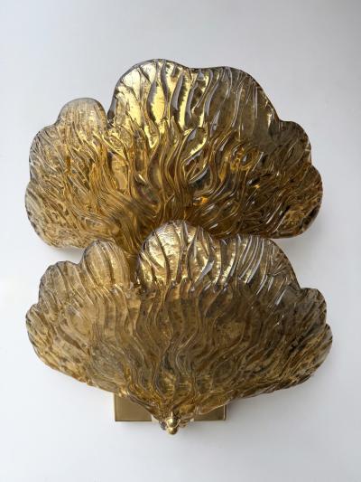 Contemporary Pair of Brass and Gold Murano Glass Palm Sconces Italy