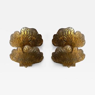 Contemporary Pair of Brass and Gold Murano Glass Palm Sconces Italy