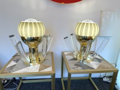 Contemporary Pair of Brass and Gray Murano Glass Flower Lamps Italy