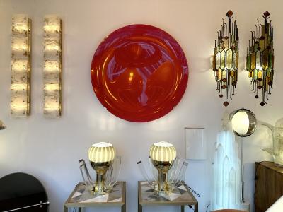 Contemporary Pair of Brass and Gray Murano Glass Flower Lamps Italy