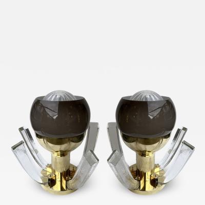Contemporary Pair of Brass and Gray Murano Glass Flower Lamps Italy