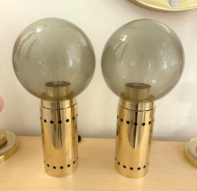 Contemporary Pair of Brass and Gray Murano Glass Globe Lamps Italy