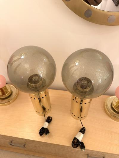 Contemporary Pair of Brass and Gray Murano Glass Globe Lamps Italy