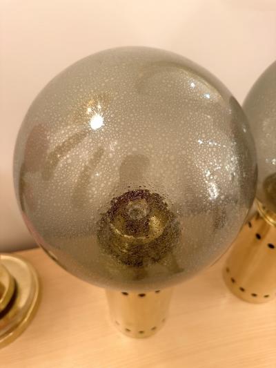 Contemporary Pair of Brass and Gray Murano Glass Globe Lamps Italy