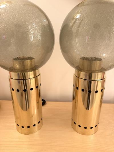 Contemporary Pair of Brass and Gray Murano Glass Globe Lamps Italy