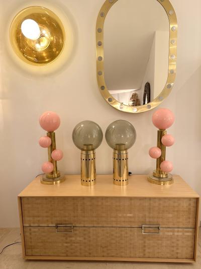 Contemporary Pair of Brass and Gray Murano Glass Globe Lamps Italy