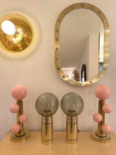 Contemporary Pair of Brass and Gray Murano Glass Globe Lamps Italy