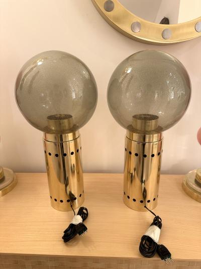 Contemporary Pair of Brass and Gray Murano Glass Globe Lamps Italy