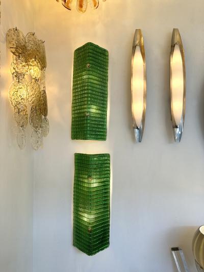 Contemporary Pair of Brass and Green Folded Leaf Murano Glass Sconces Italy