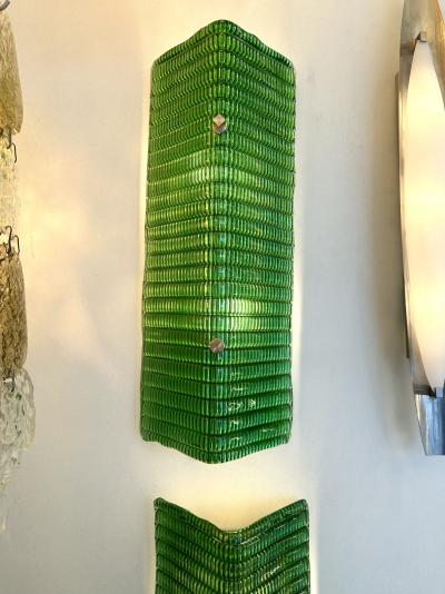 Contemporary Pair of Brass and Green Folded Leaf Murano Glass Sconces Italy
