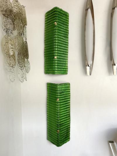 Contemporary Pair of Brass and Green Folded Leaf Murano Glass Sconces Italy