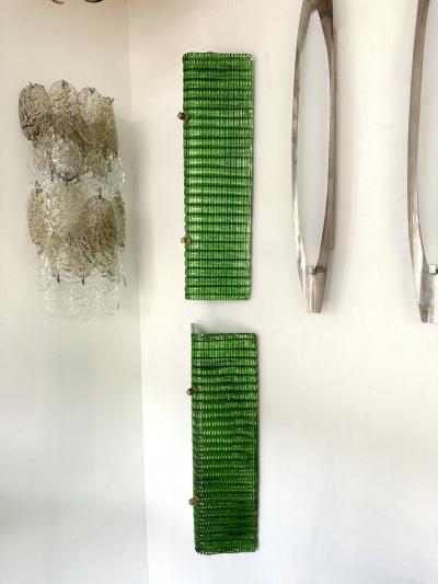 Contemporary Pair of Brass and Green Folded Leaf Murano Glass Sconces Italy
