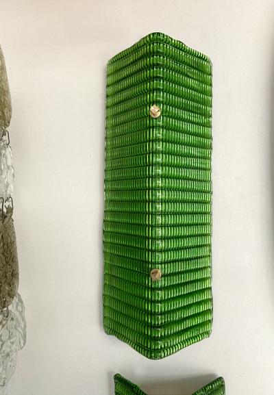 Contemporary Pair of Brass and Green Folded Leaf Murano Glass Sconces Italy