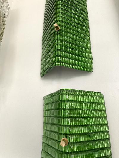 Contemporary Pair of Brass and Green Folded Leaf Murano Glass Sconces Italy