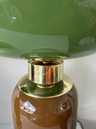 Contemporary Pair of Brass and Green Murano Glass Bulb Shade Lamps Italy