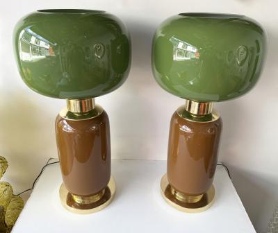 Contemporary Pair of Brass and Green Murano Glass Bulb Shade Lamps Italy