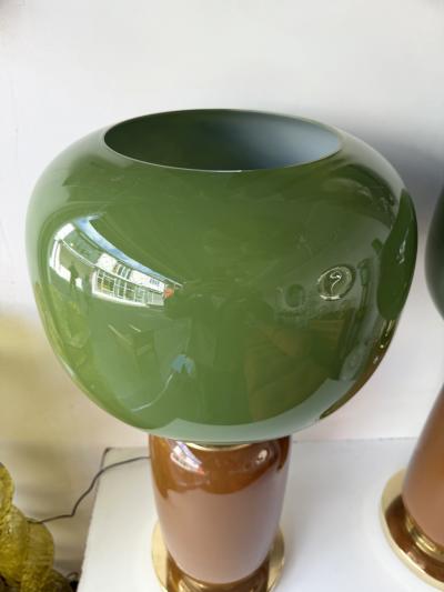 Contemporary Pair of Brass and Green Murano Glass Bulb Shade Lamps Italy