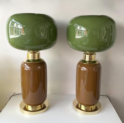 Contemporary Pair of Brass and Green Murano Glass Bulb Shade Lamps Italy