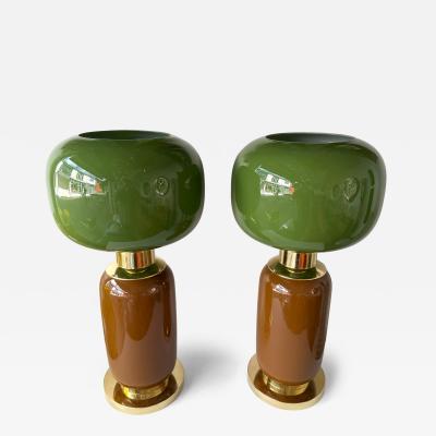 Contemporary Pair of Brass and Green Murano Glass Bulb Shade Lamps Italy