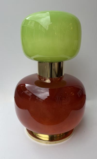 Contemporary Pair of Brass and Green Murano Glass Bulb Shade Lamps Italy